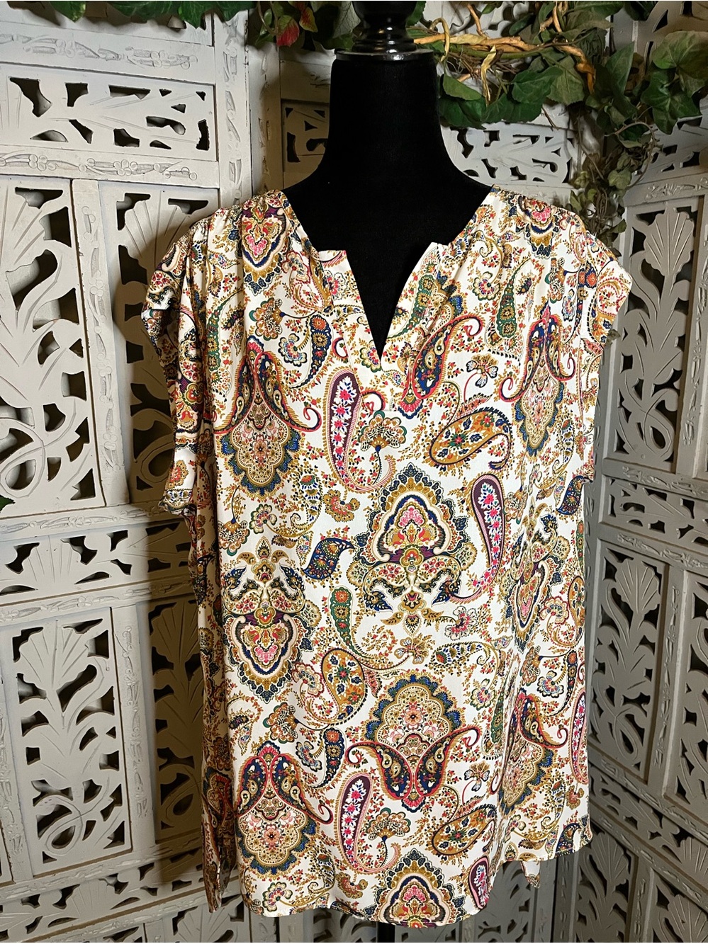 DR2 VINTAGE LOVELY CREAM BLUE MULTICOLOR ABSTRACT PAISLEY PATTERN PLUS SIZE TOP
